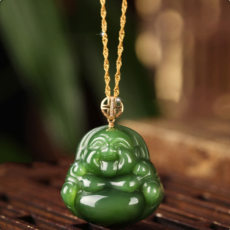Collier avec pendentif en argent sterling 925 et jade cyan Hetian en or 18 carats avec chaîne et bouddha rieur - Jade cyan Hetian (Succès ♥ Guérison) - image 1