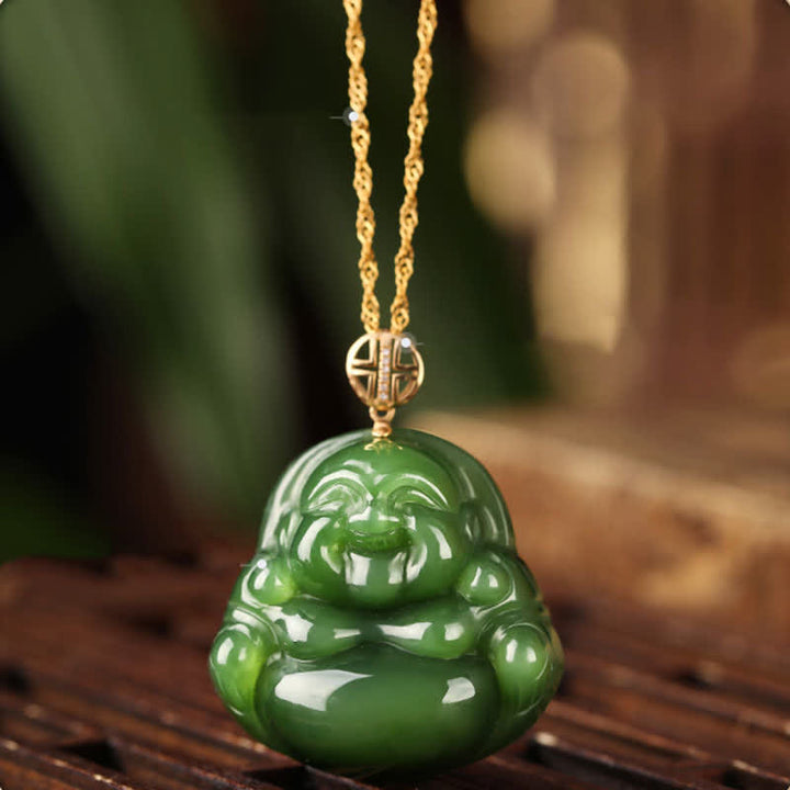 Collier avec pendentif en argent sterling 925 et jade cyan Hetian en or 18 carats avec chaîne et bouddha rieur - Jade cyan Hetian (Succès ♥ Guérison) - image 1