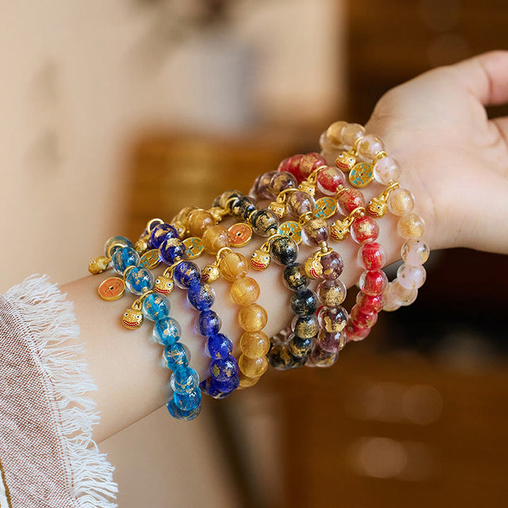 Bracelet porte-bonheur en perles de verre Liuli Buddha Stones et bête avaleuse d'or et pièce de cuivre