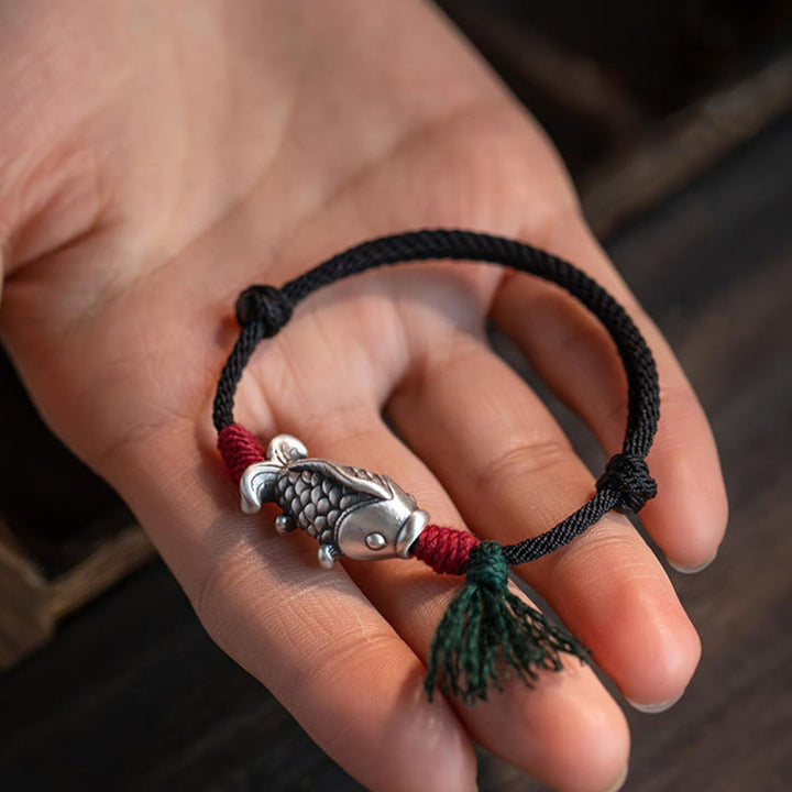 Bracelet tressé en argent sterling 925 Buddha Stones et poisson Koi porte-bonheur