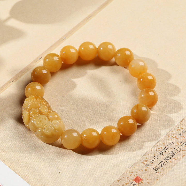 Bracelet de richesse Pixiu en jade et soie dorée avec Buddha Stones