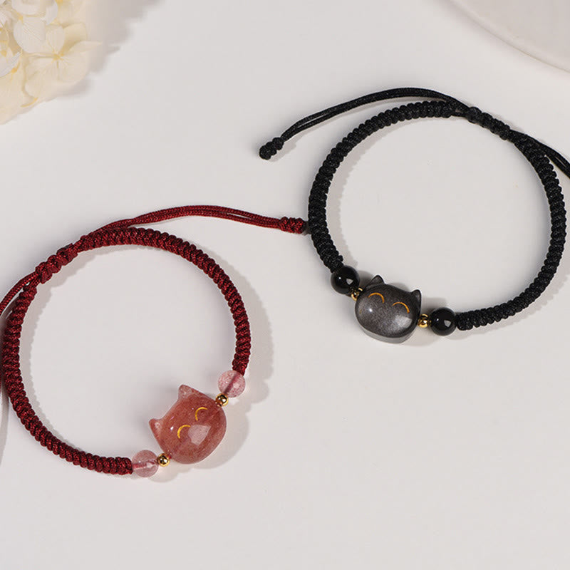 Bracelet tressé fait main en obsidienne naturelle argentée et brillante en quartz fraise avec protection pour chat mignon - image 2