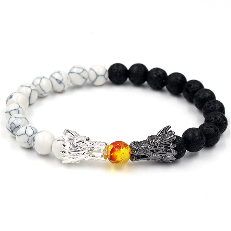 Bracelet de perles de bénédiction du dragon en pierre de lave turquoise blanche et Buddha Stones