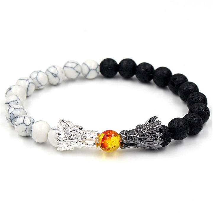 Bracelet de perles de bénédiction du dragon en pierre de lave turquoise blanche et Buddha Stones