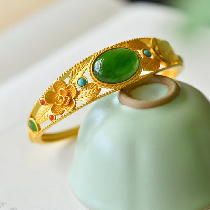 Bracelet jonc porte-bonheur en Buddha Stones, jade cyan, jade blanc, fleur, feuille
