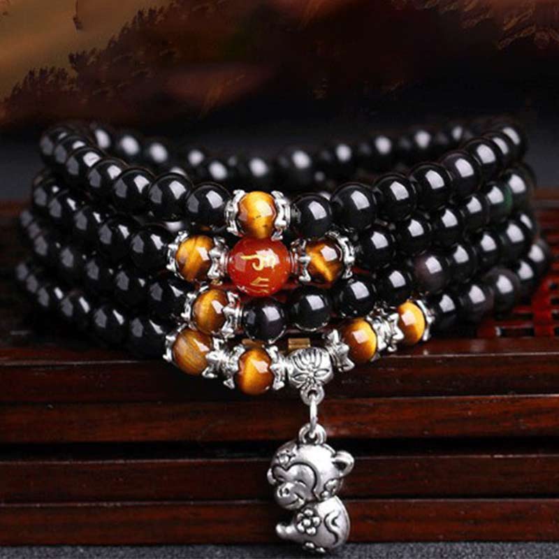 Bracelet Mala porte-bonheur en obsidienne noire et œil de tigre avec 108 perles du zodiaque chinois