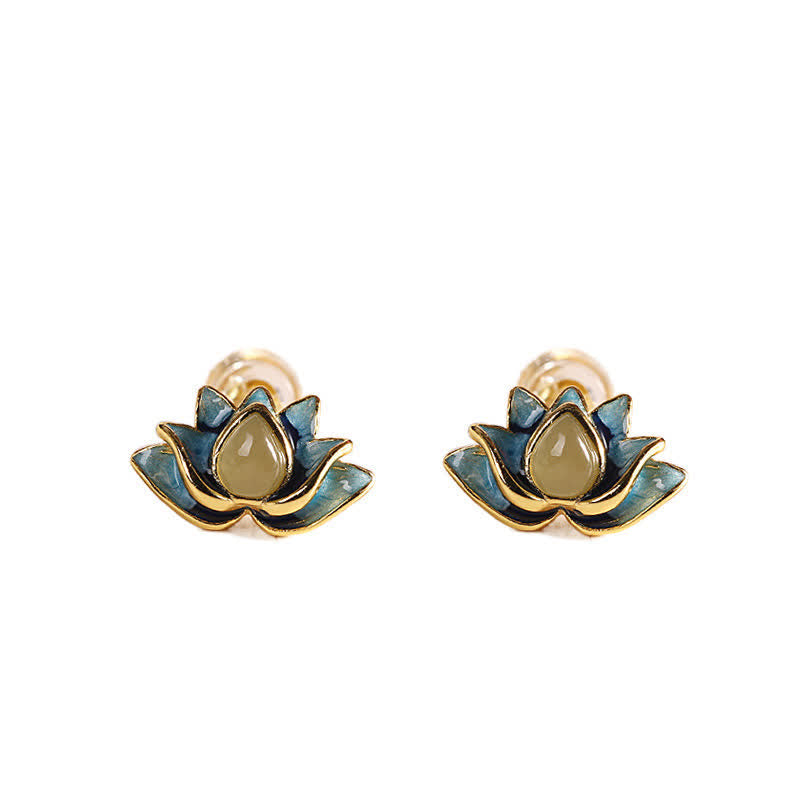 Boucles d'oreilles en argent sterling 925 avec fleur de lotus en jade cyan Hetian