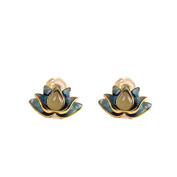 Boucles d'oreilles en argent sterling 925 avec fleur de lotus en jade cyan Hetian