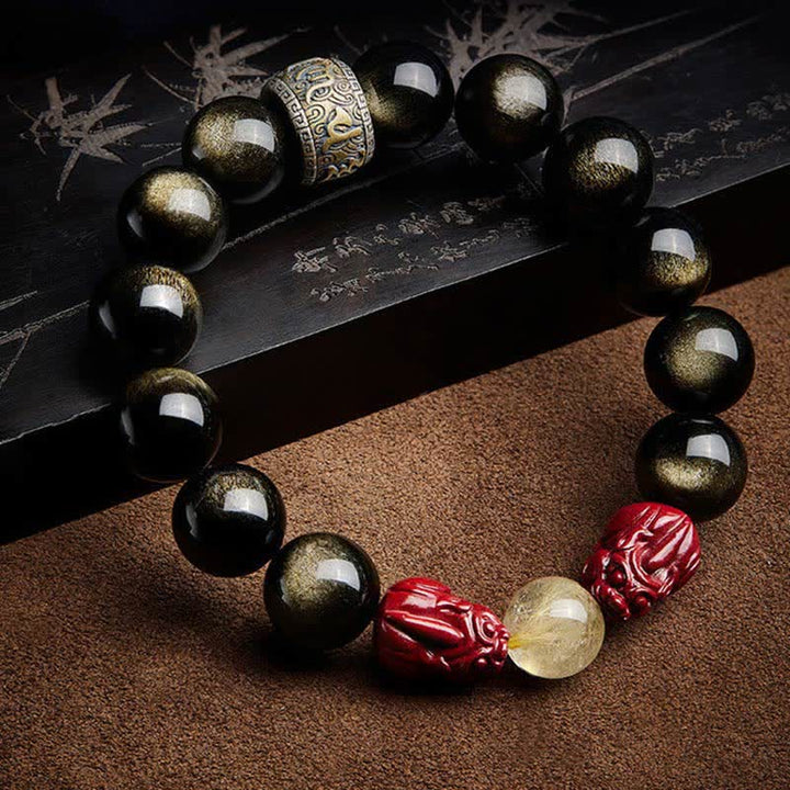 Bracelet de protection en Buddha Stones dorée et brillante PiXiu Cinabre Om Mani Padme Hum
