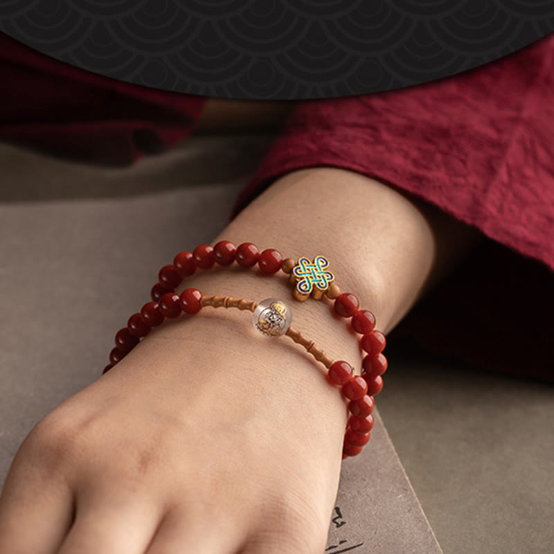 Buddha Stones Zodiaque chinois Bouddha natal Agate rouge Petite feuille Bois de santal rouge Cinabre Amulette Bénédiction Double Bracelet enroulé