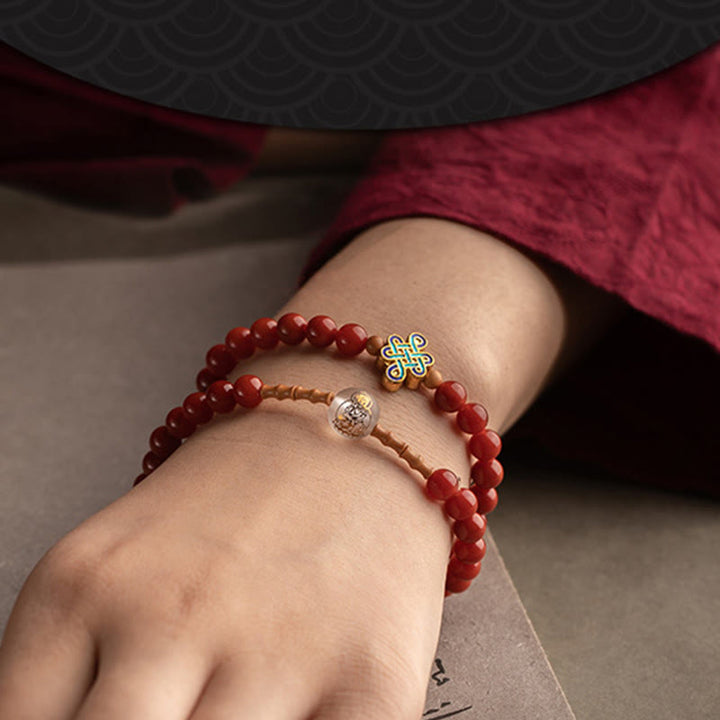 Buddha Stones Zodiaque chinois Bouddha natal Agate rouge Petite feuille Bois de santal rouge Cinabre Amulette Bénédiction Double Bracelet enroulé