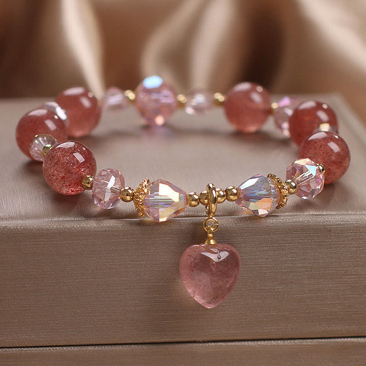 Bracelet de guérison positif en cristal de quartz fraise naturel Buddha Stones Love Heart