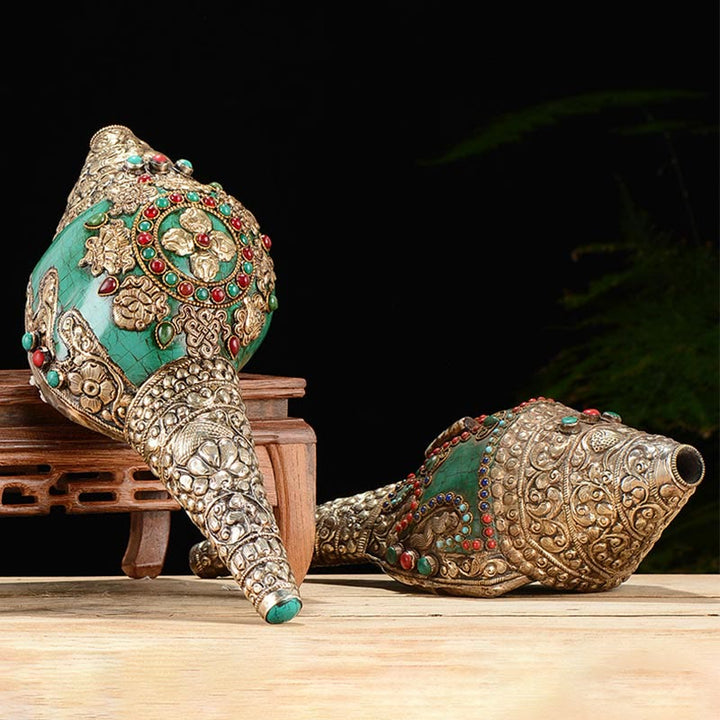 Coquille de Bouddha tibétain à double Dorje gravée à la main Shankha Décoration positive de richesse - image 0