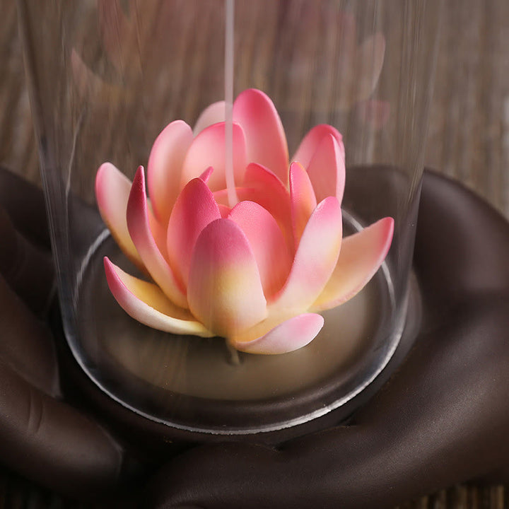 Buddha Stones Main de Bouddha Lotus Illumination Lumière LED Brûleur d'encens en céramique en argile violette Décoration