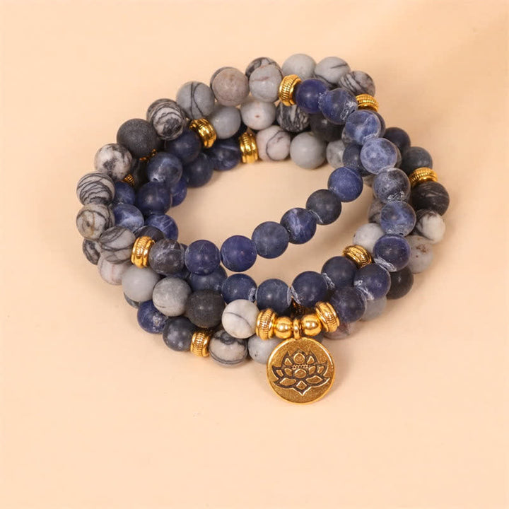 Bracelet Mala 108 Buddha Stones, sodalite, jaspe zèbre, cristal, lotus, force