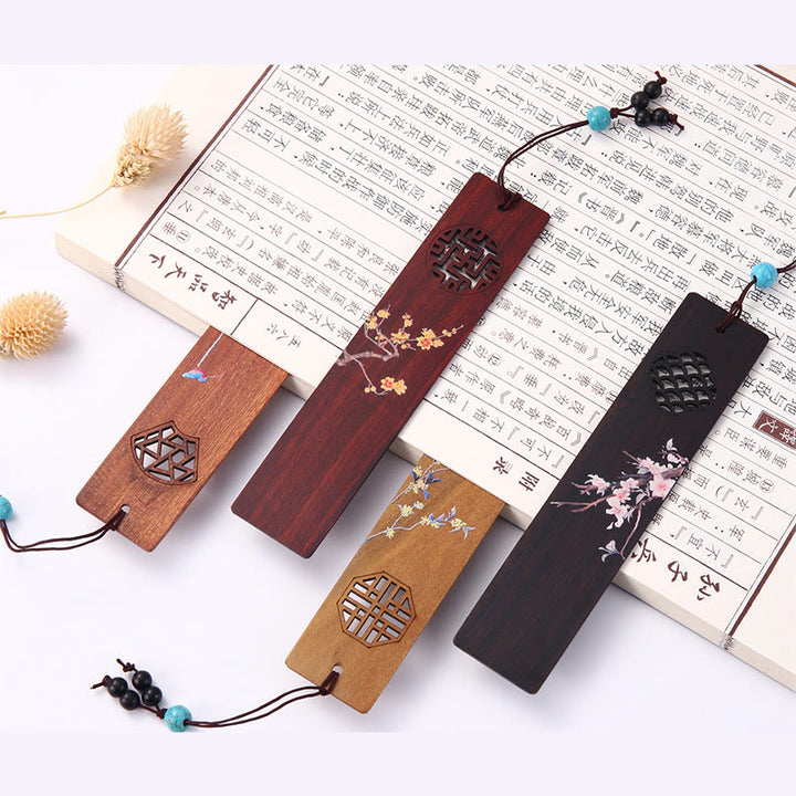 Lot de 4 marque-pages en bois avec Buddha Stones , orchidée, prunier, bambou, chrysanthème, masque d'opéra de Pékin, avec boîte cadeau