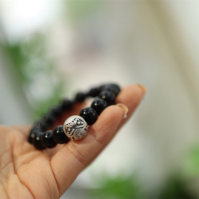 Bracelet de protection gravé en argent sterling 925 avec perles d'onyx noir et Buddha Stones