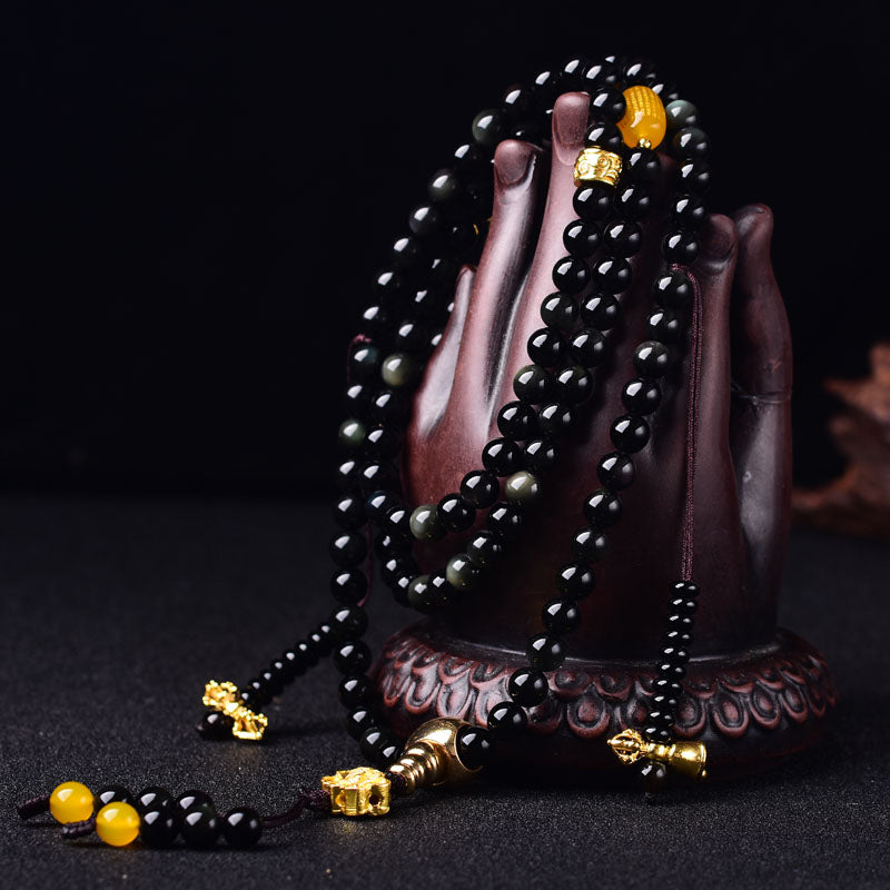 Bracelet Mala Lotus Accomplissement en Obsidienne Noire Naturelle 108 Perles Buddha Stones