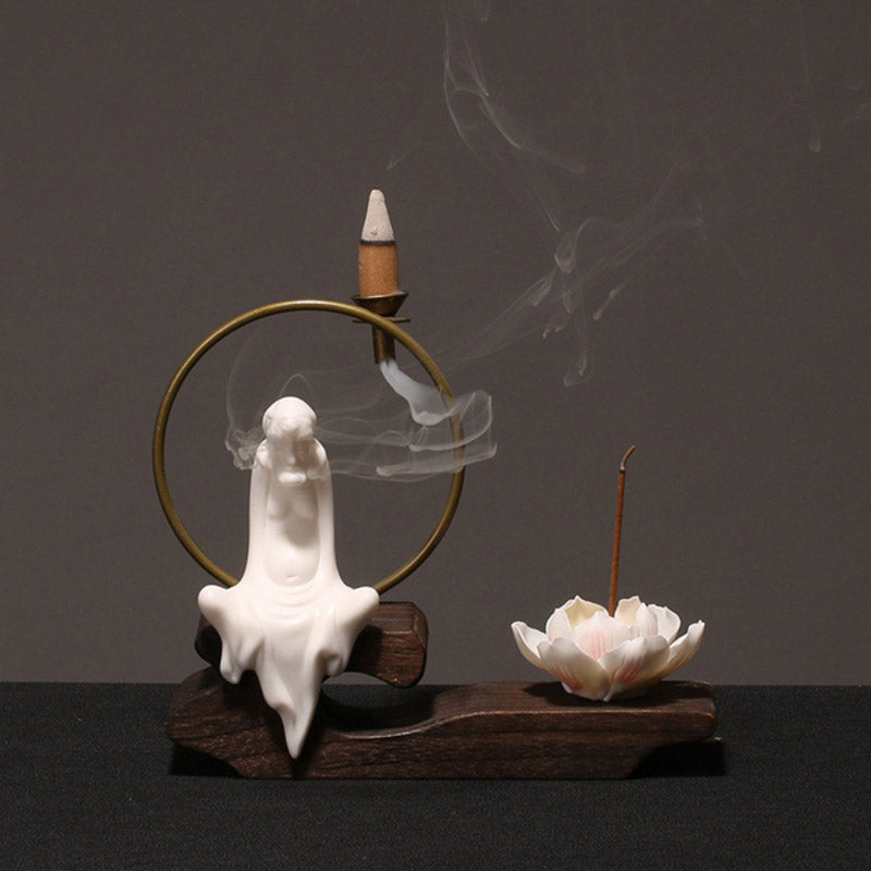 Brûleur d'encens en céramique avec Buddha Stones et lotus pour la guérison et la méditation