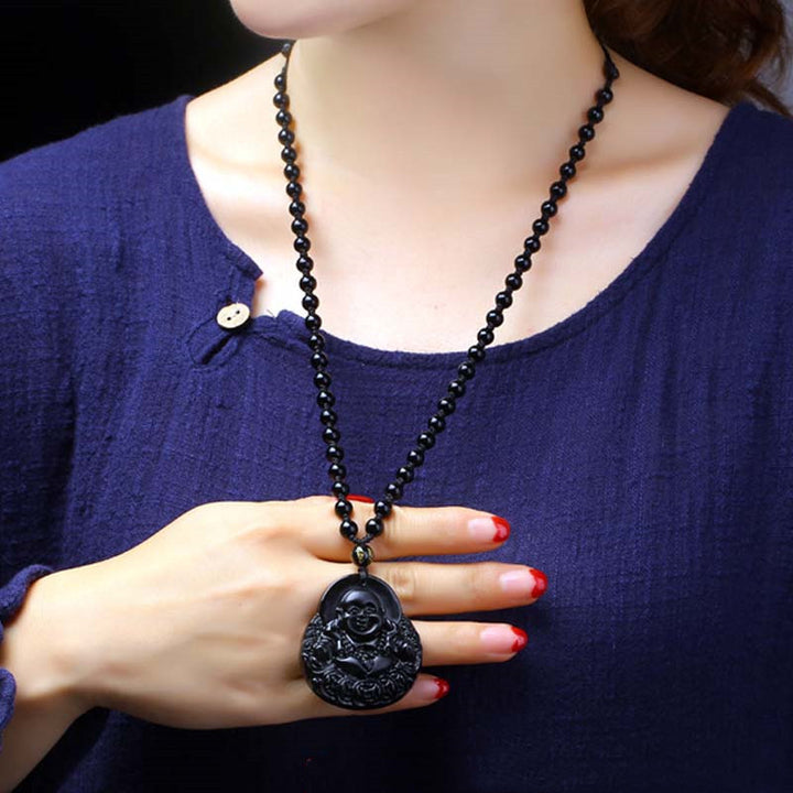 Collier avec Buddha Stones rieur en obsidienne noire et protection de la force - image 3