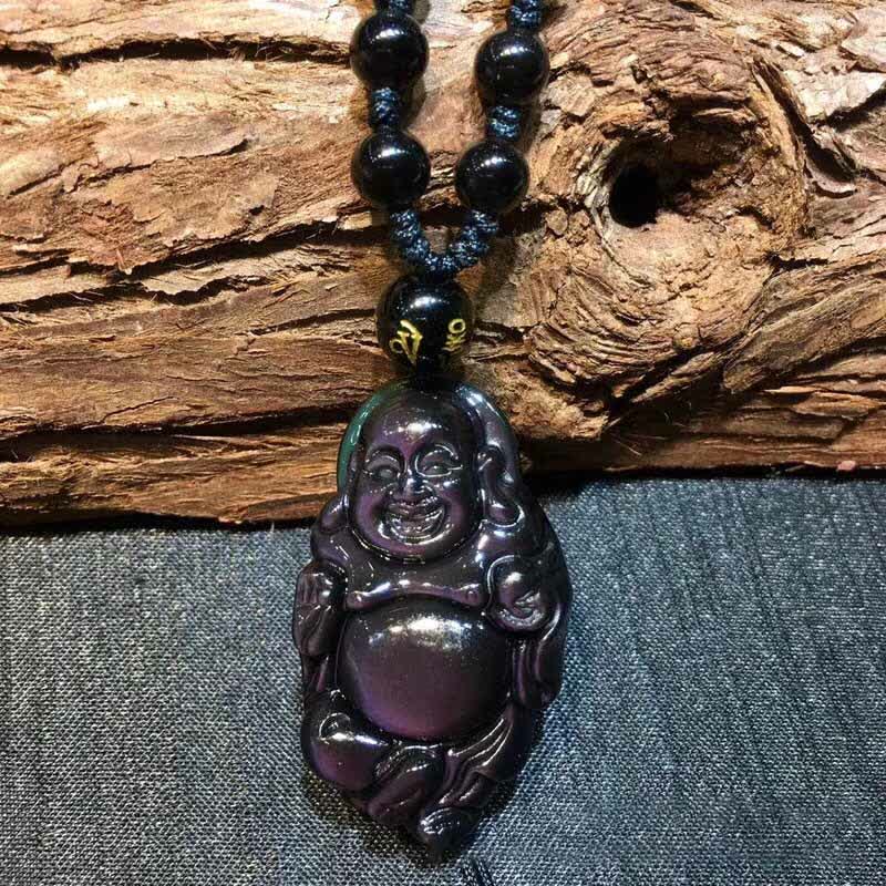 Collier pendentif Bouddha rieur en obsidienne arc-en-ciel naturelle pour la paix intérieure