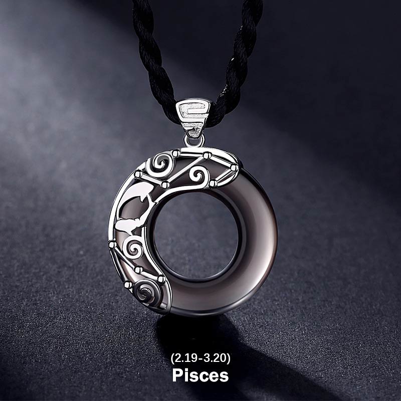 Collier pendentif rond en obsidienne glacée avec 12 constellations du zodiaque de Buddha Stones - Poissons - Corde - image 23