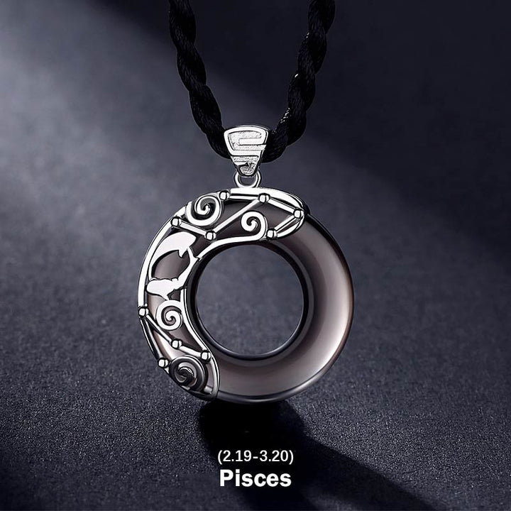 Collier pendentif rond en obsidienne glacée avec 12 constellations du zodiaque de Buddha Stones - Poissons - Corde - image 23