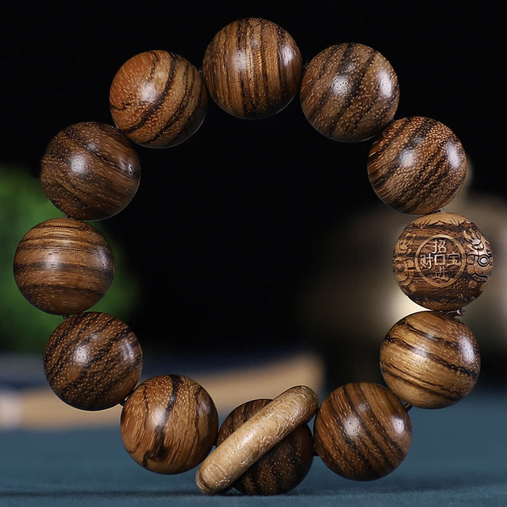 Bracelet sculpté en bois de rose, bois de santal vert, bois d'ébène, pièce de cuivre, signe du zodiaque chinois , Buddha Stones