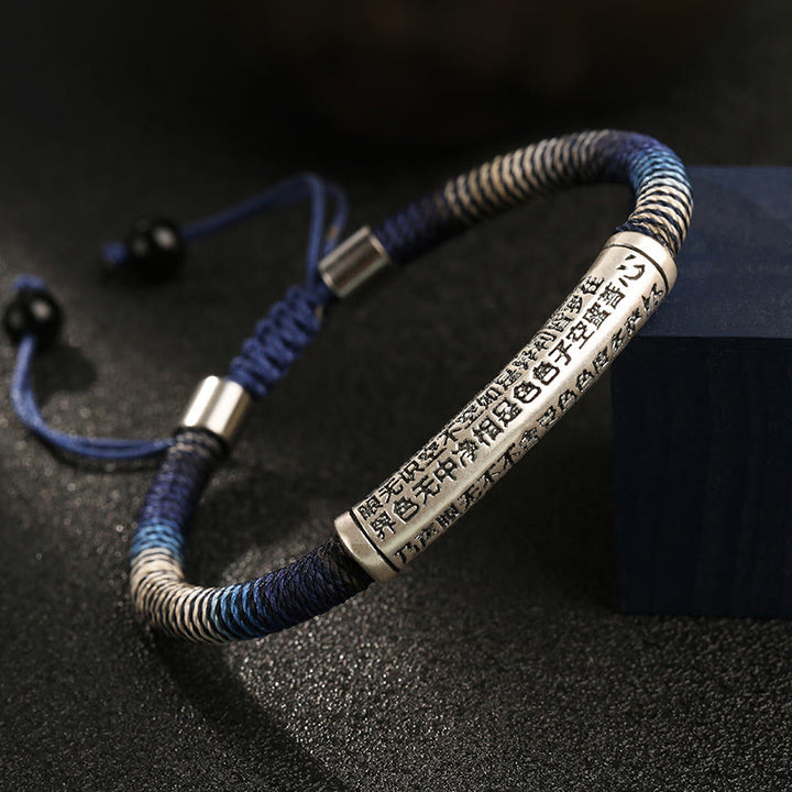 Bracelet tressé fait main en argent sterling 999 Buddha Stones et cœur Sutra Calme