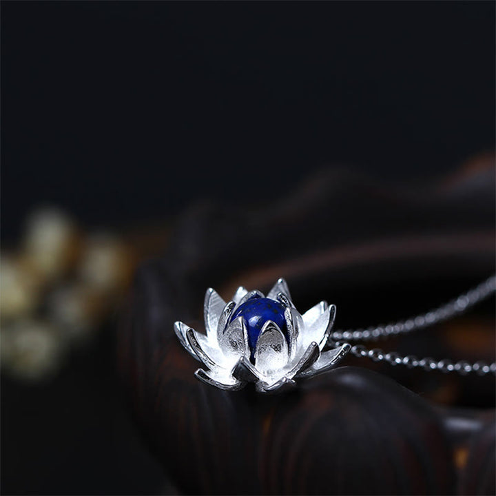 Collier pendentif fleur de lotus en argent sterling 925 avec Buddha Stones et lazurite