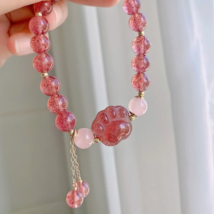 Bracelet d'amour en forme de patte de chat porte-bonheur en cristal rose et quartz fraise naturel de Buddha Stones - image 5