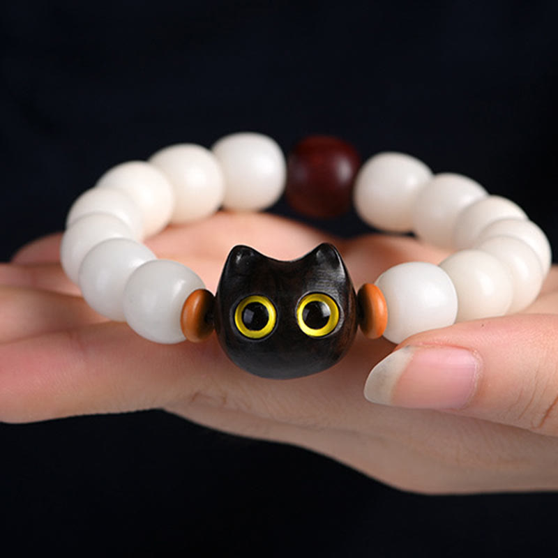Bracelet de sagesse en Buddha Stones, graine de Bodhi naturelle, petite feuille, bois de santal rouge, bois d'ébène, joli chat porte-bonheur - image 13