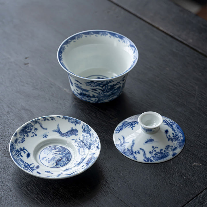 Buddha Stones Porcelaine Bleue et Blanche Lotus Koi Poisson Danse du Lion Pastèque Céramique Gaiwan Sancai Tasse à Thé Kung Fu Tasse à Thé Et Soucoupe Avec Couvercle 300 ml