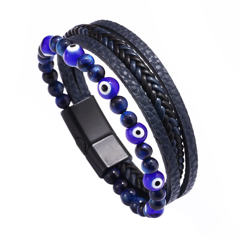Bracelet tressé multicouches en perles de protection contre le mauvais œil et l'œil de tigre avec Buddha Stones