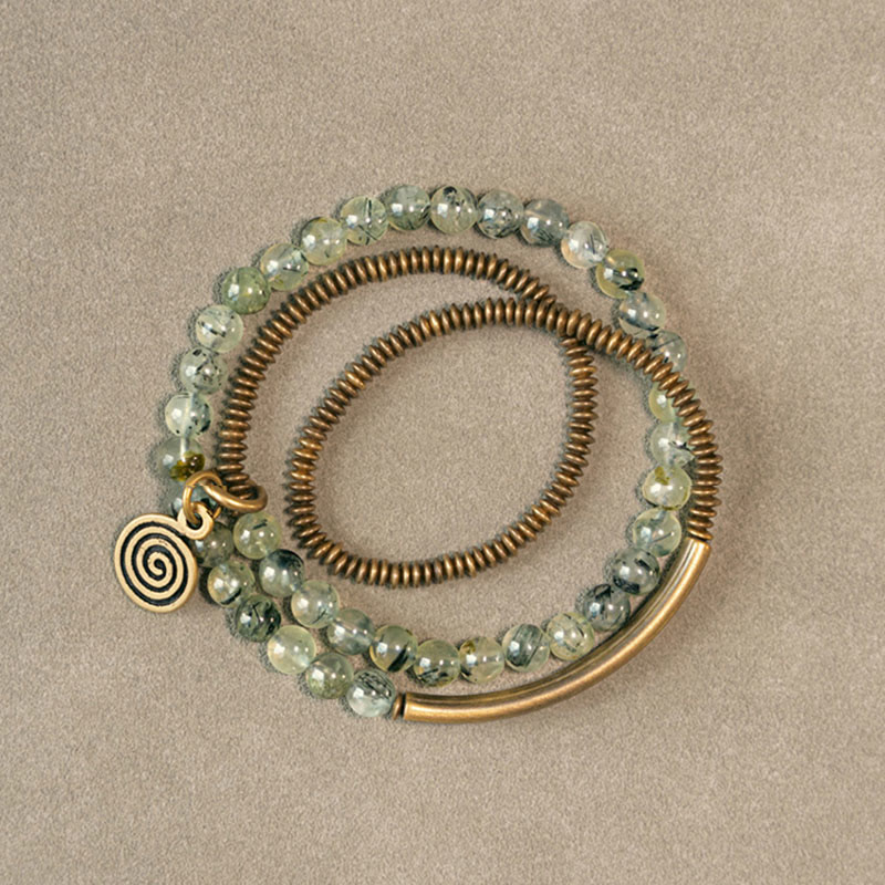 Bracelet en cuivre Love Forgive Buddha Stones quartz hématoïde rouge fantôme violet et quartz rutile vert