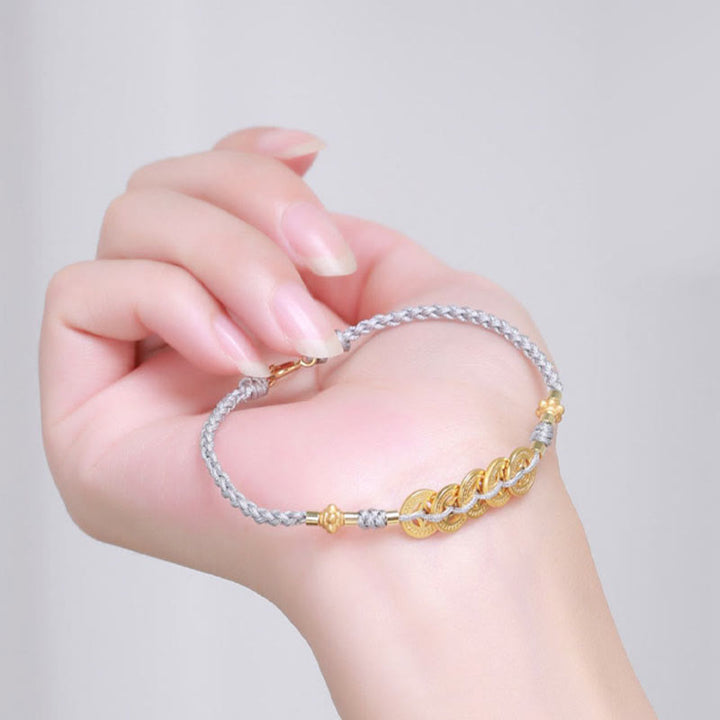 Bracelet tressé en corde bleue avec perles et arbre de fortune en cuivre et Buddha Stones