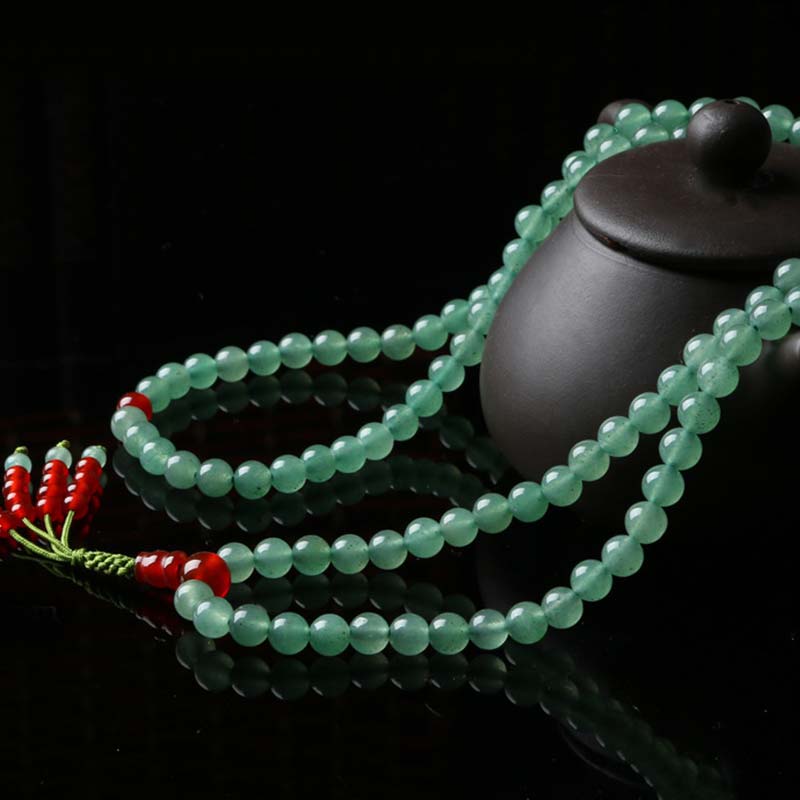 Bracelet Mala porte-bonheur en Buddha Stones, 108 perles, aventurine verte, agate rouge