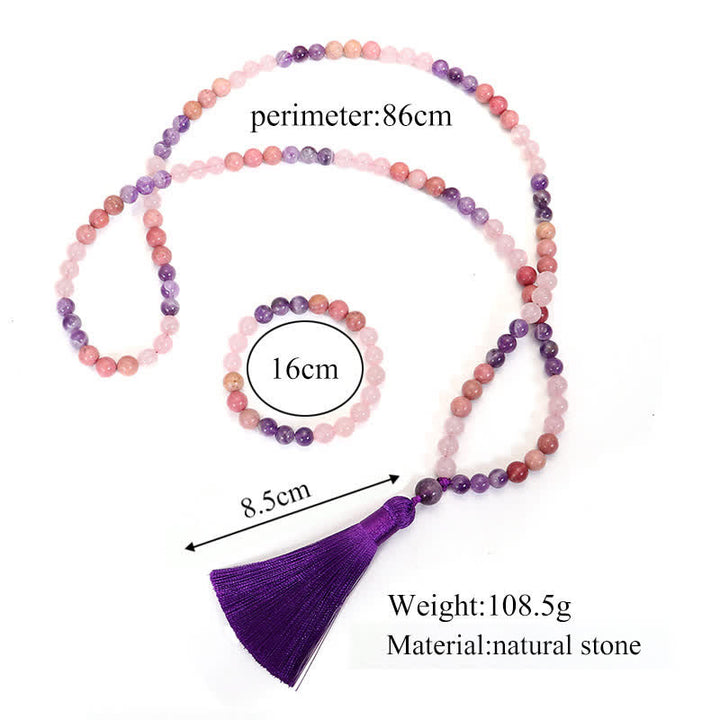 Bracelet de guérison spirituelle à pampilles en améthyste et quartz rose avec 108 perles de Mala Buddha Stones