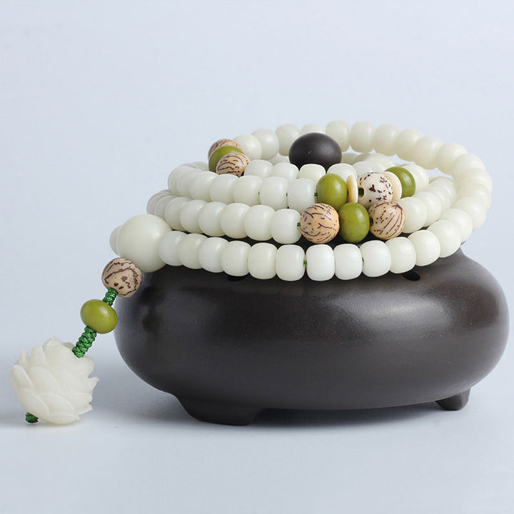 Buddha Stones Jade blanc Bodhi Lotus Mala Collier Harmonie Bracelet - image 17