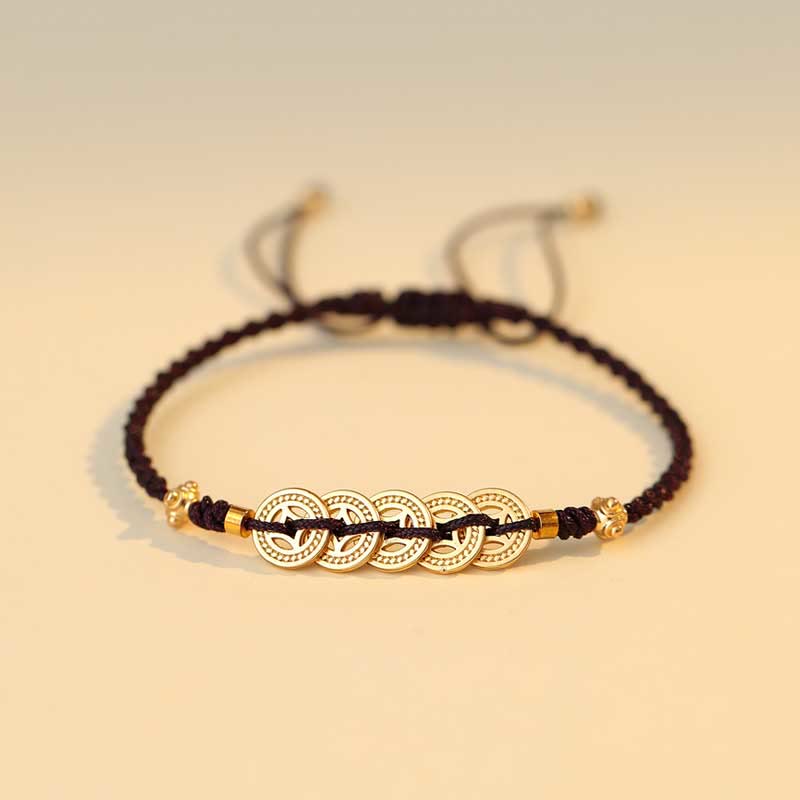Bracelet tressé en cuivre avec Buddha Stones et pièce de monnaie, arbre de la fortune, chance et force