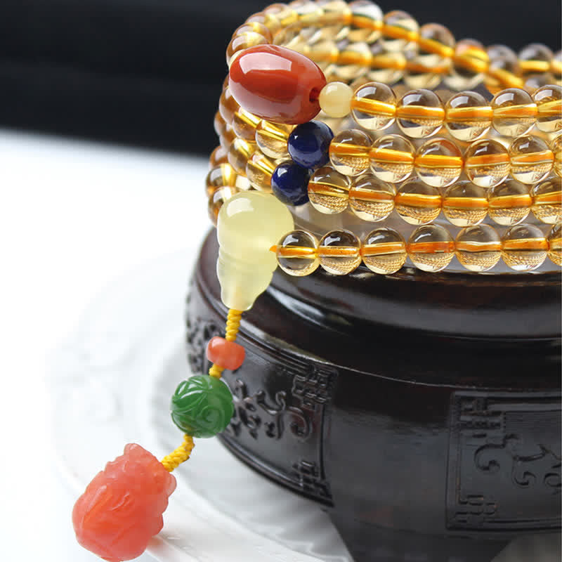 Bracelet à breloques de protection PiXiu en agate rouge avec boucle de paix en ambre et citrine naturelle de 108 perles de Mala - image 20