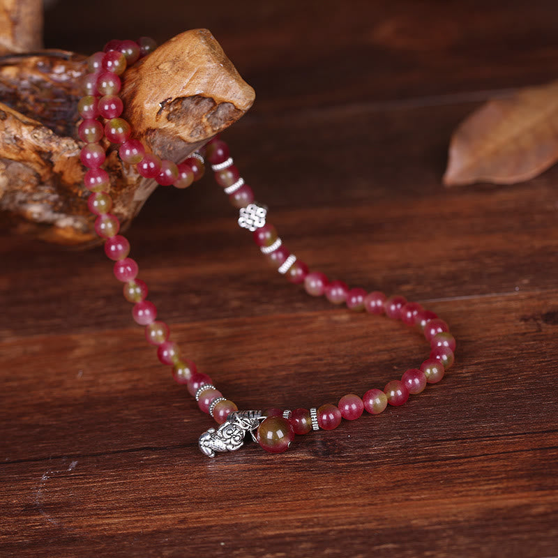 Bracelet triple tour positif en Buddha Stones, tourmaline pastèque naturelle PiXiu Elephant