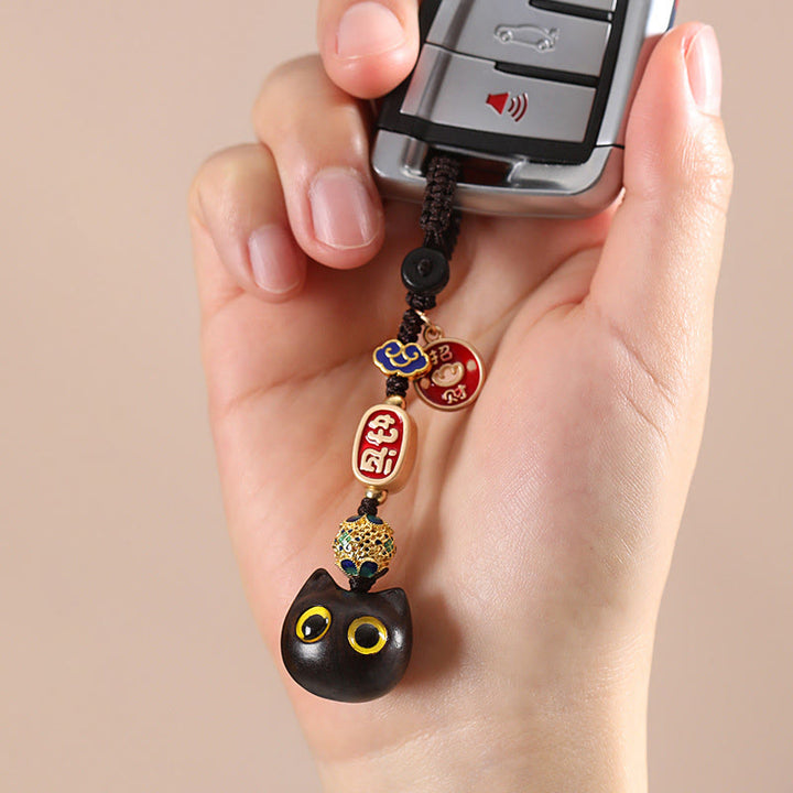 Porte-clés en bois d'ébène avec Buddha Stones, chat porte-bonheur, nuage de bon augure, paix, décoration à suspendre pour téléphone - image 5