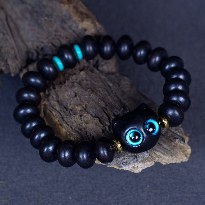 Bracelet Buddha Stones Bois d'ébène Verre Liuli Joli Chat Paix Équilibre - image 4