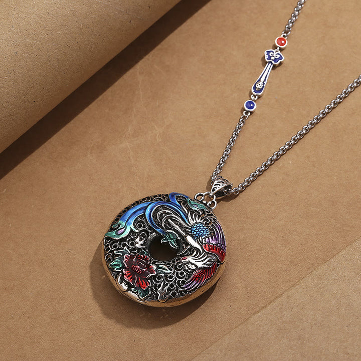 Collier avec pendentif en Buddha Stones, phénix, pivoine, protection de la chance