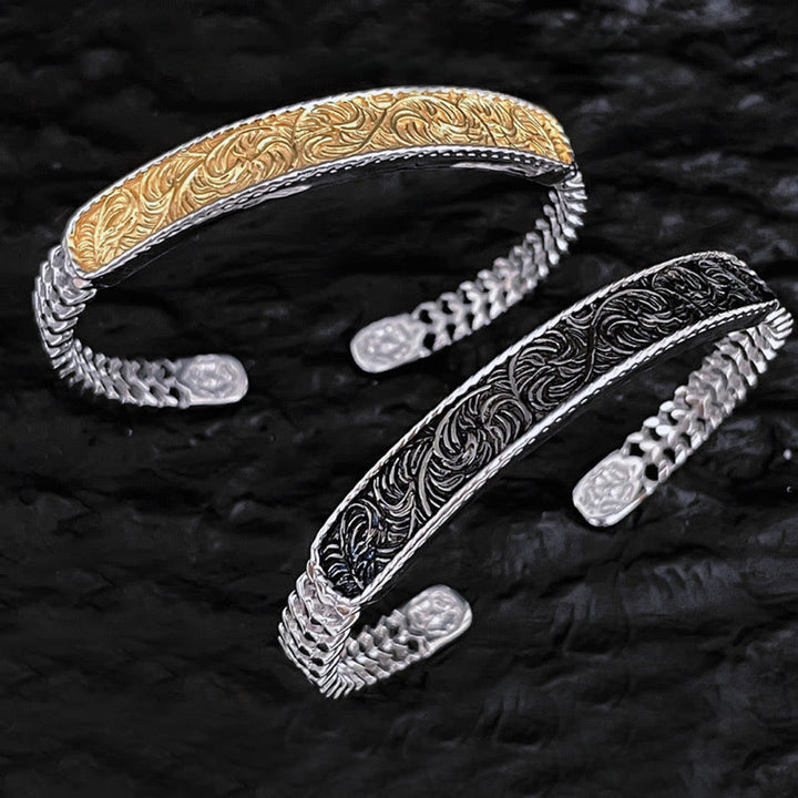 Bracelet manchette porte-bonheur en cuivre gravé avec motif floral de la dynastie Tang et anneau réglable
