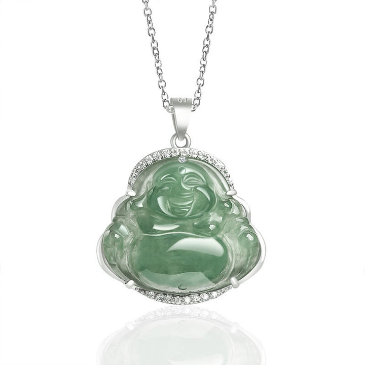 Collier de Buddha Stones en jade naturel, symbole de chance et de prospérité, avec pendentif en acier titane et pierre représentant un Bouddha rieur. - Bouddha rieur (Bonheur ♥ Richesse) - image 0