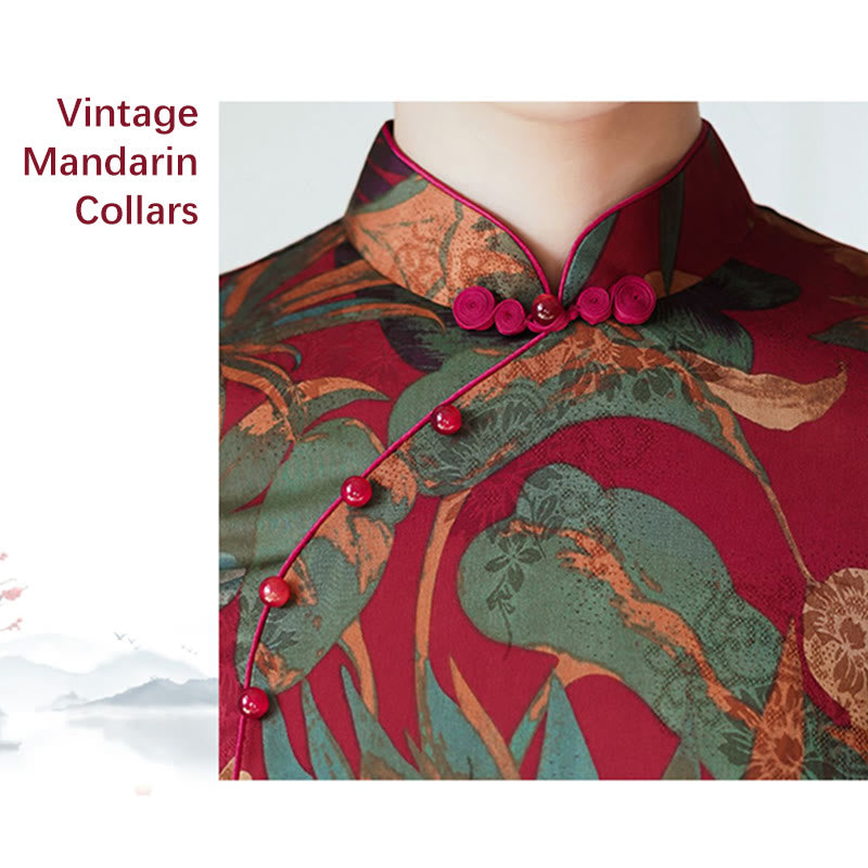 Robe Qipao en soie avec Buddha Stones, motif rétro de feuilles de fleurs, robe cheongsam pour femme