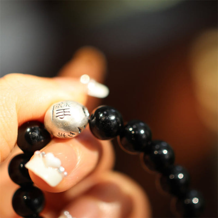 Bracelet de protection gravé en argent sterling 925 avec perles d'onyx noir et Buddha Stones