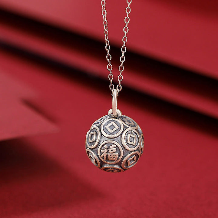 Buddha Stones en argent sterling 990 avec pendentif en forme de pièce de monnaie en cuivre et personnage Fu